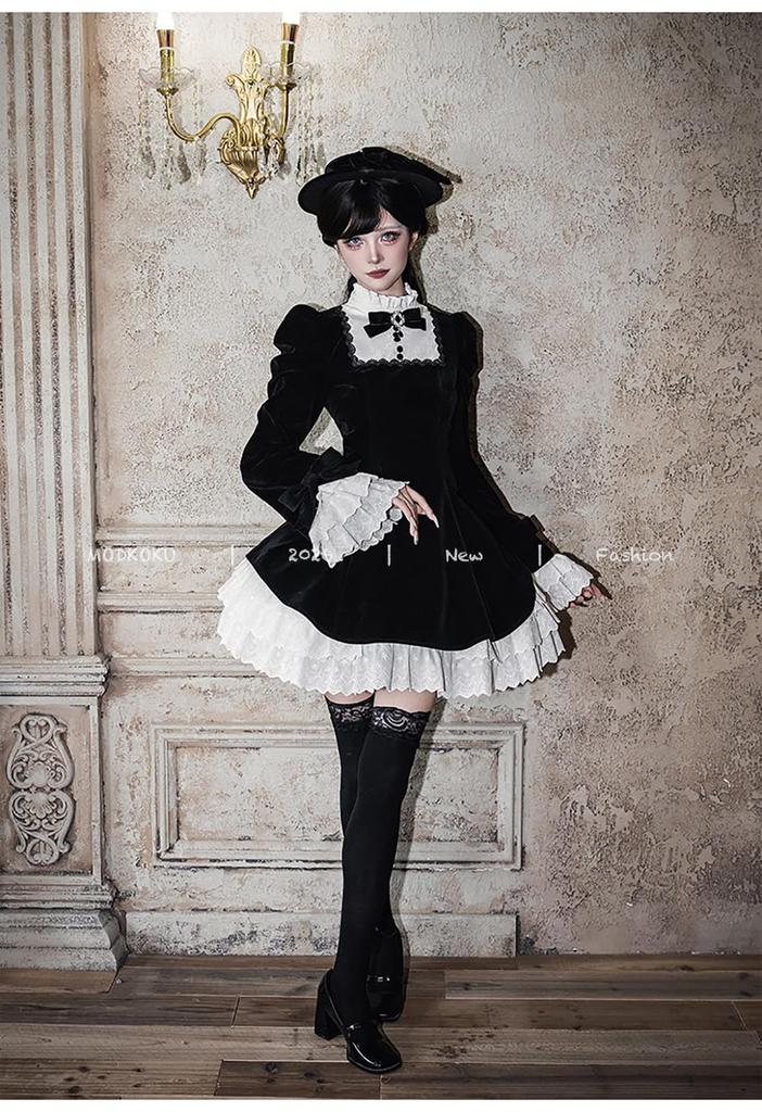 MODKOKU Gothic Lolita Neat and Jabot Ruffle Princess Long Size S Dress, Women's, 3-Layer Tiered, Clean, Ribbon, Lace, Lace-Up, Dress, Dreamy, Cute,