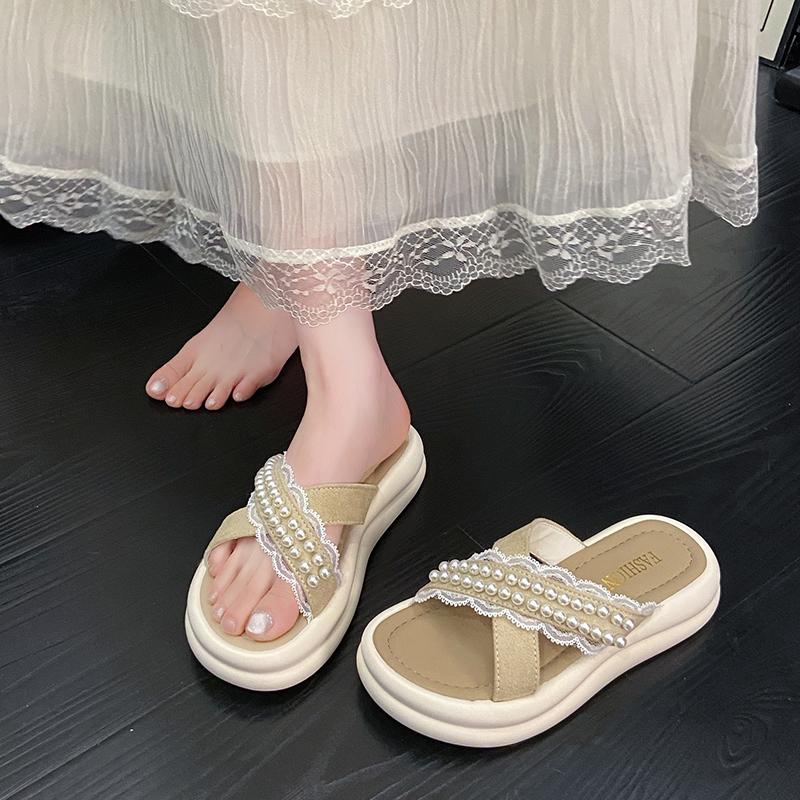 Fashion Platform Flat Slippers Fashion Round Head Cross Strap with Beaded Lace Edge Soft Sole Anti-slip Wear-resistant Sandals