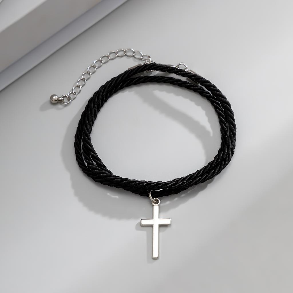 Layered Black Cotton Thread Chain with Cross Pendant Bracelets Men Trendy Rope Hand Chains 2026 Fashion Jewelry Accessories Male