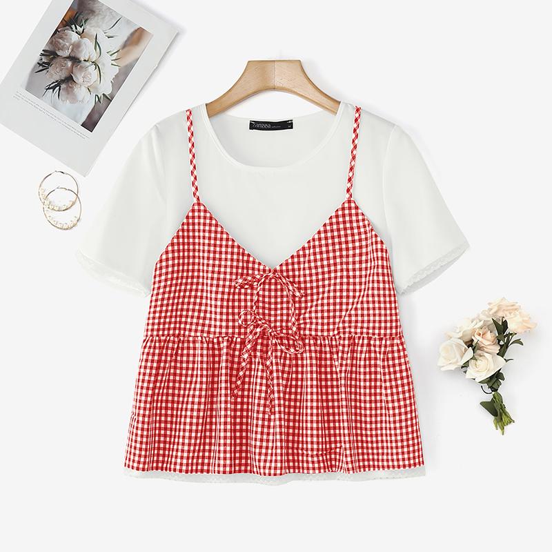 ZANZEA Women Casual Round Neck Plaid Patchwork Short Sleeve Blouse