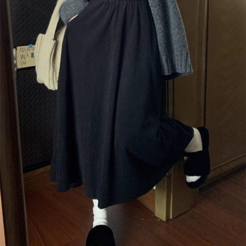 Women's Autumn Winter Fashion Mid-Length High Waist Versatile Pocket Umbrella Skirt A-Line Midi Skirt