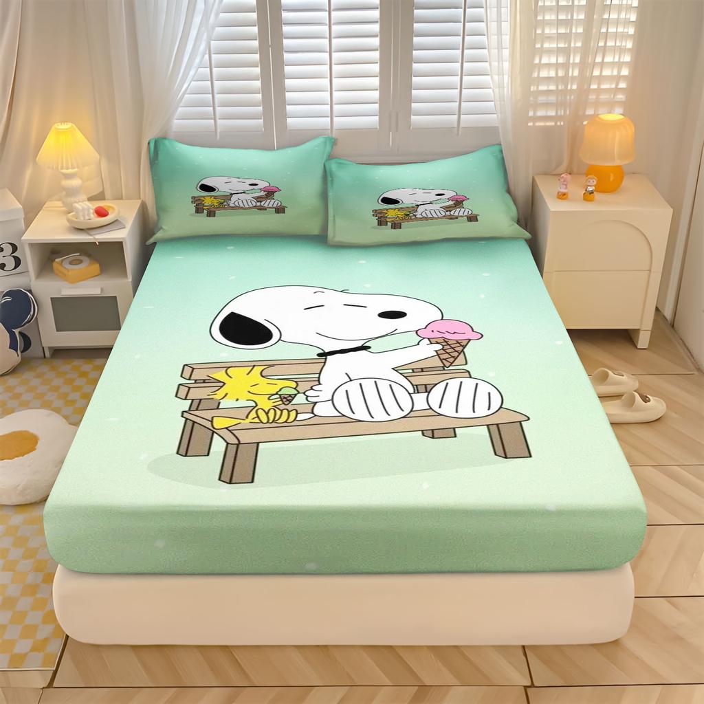 Snoopy  With Pillowcase Fitted Sheet 3D Children'S Bedding Set  Polyester 2/3Pcs Comforte Bed Cover Full Set