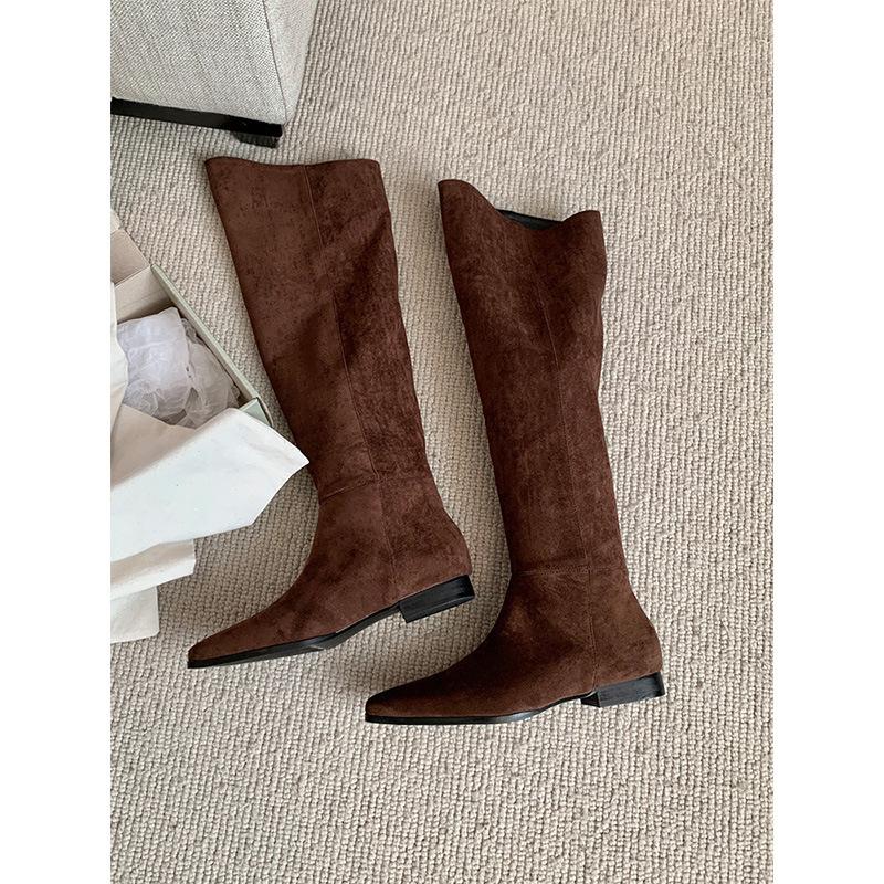 

Pointed Western Cowboy Boots Women s Coarse Heel Suede Low Heel Skinny Big Tube Wrap Long Tube Over Knee Vintage Folded Stacking Boots 40