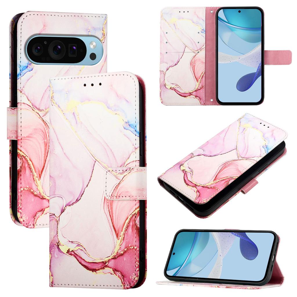 For Google Pixel 9 Pro/Google Pixel 9 Case with Strap Marble Pattern Leather Phone Cover Card Holder
