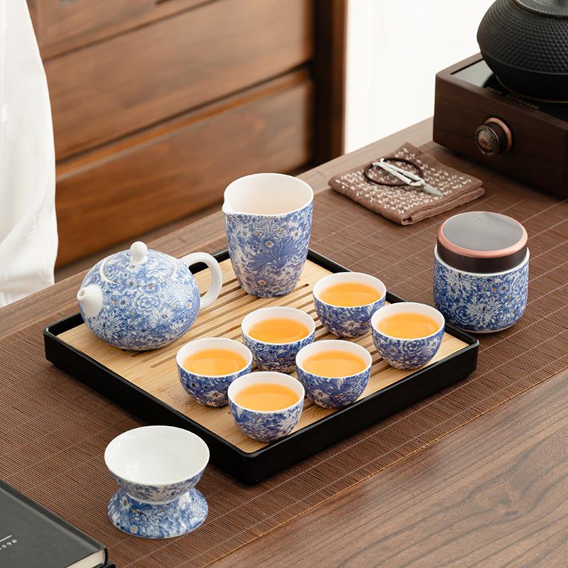 White porcelain flower tea set, household teacup, teapot cover bowl, office tea, high-end gift box