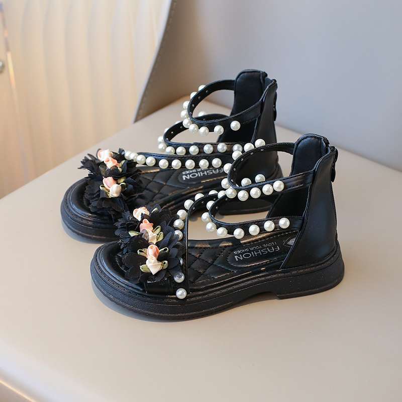 

2025 New Summer Roman Pearl Princess Shoes Children s Flower Sandals Girls Sandals Fashion Versatile Shoes 23 yards inner length 14.4cm чёрный