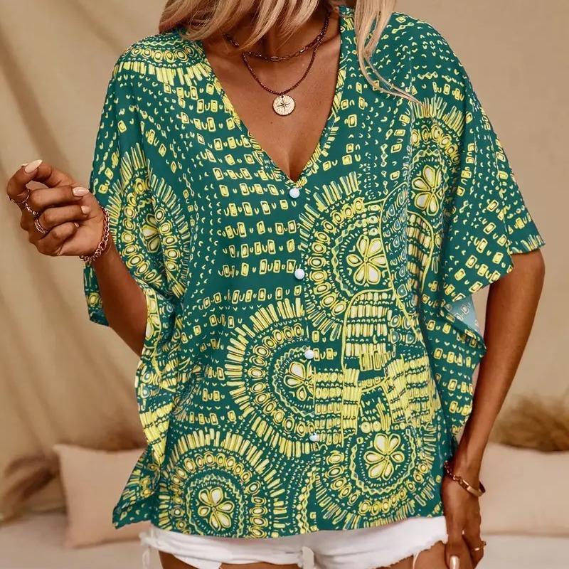Casual Women's Shirt New Style V-neck Printed Vacation Style Bat Sleeve Blouse 8005