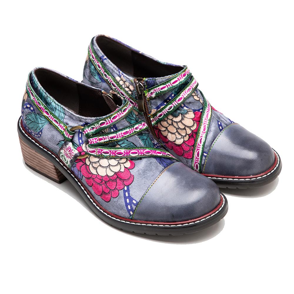Johnature Handbemalte Echtleder-Pumps für Damen, Retro-Blume, bequeme Schuhe mit Blockabsatz