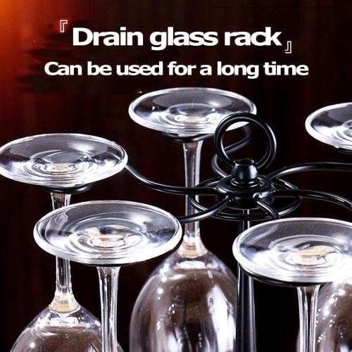 Wine Glass Rack, Tabletop Wine Glass Rack, Standing Countertop Organizer, Metal Wine Glass Rack with Wooden Base, Holds 6 Glasses (Black)