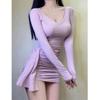 Fashionable, Sexy, Pure V-neck Long-sleeve Dress, Women's Spring, New Slimming Inner Layer, Hip-hugging Short Skirt