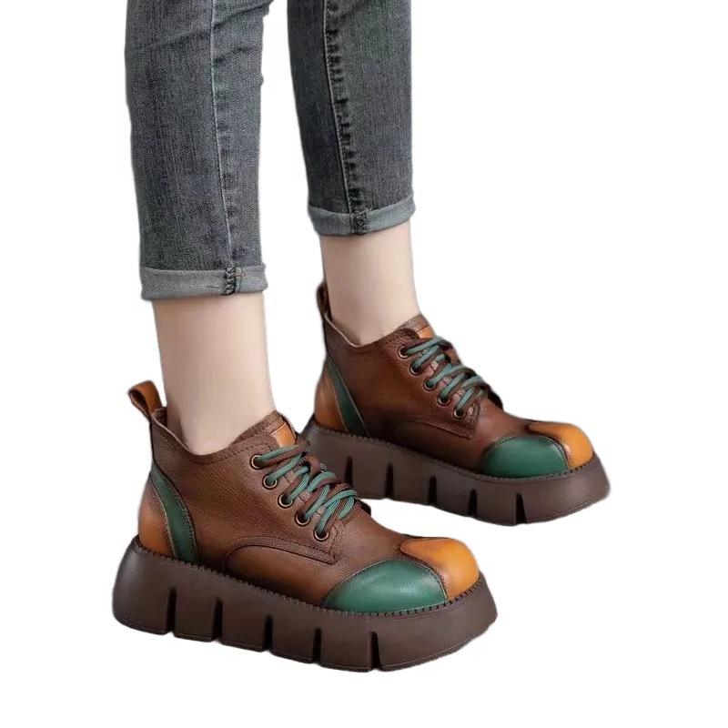 Retro boty, Módní dámské boty s kulatou špičkou, na silné podrážce, módní šněrovací, s krátkou muffinovou podrážkou