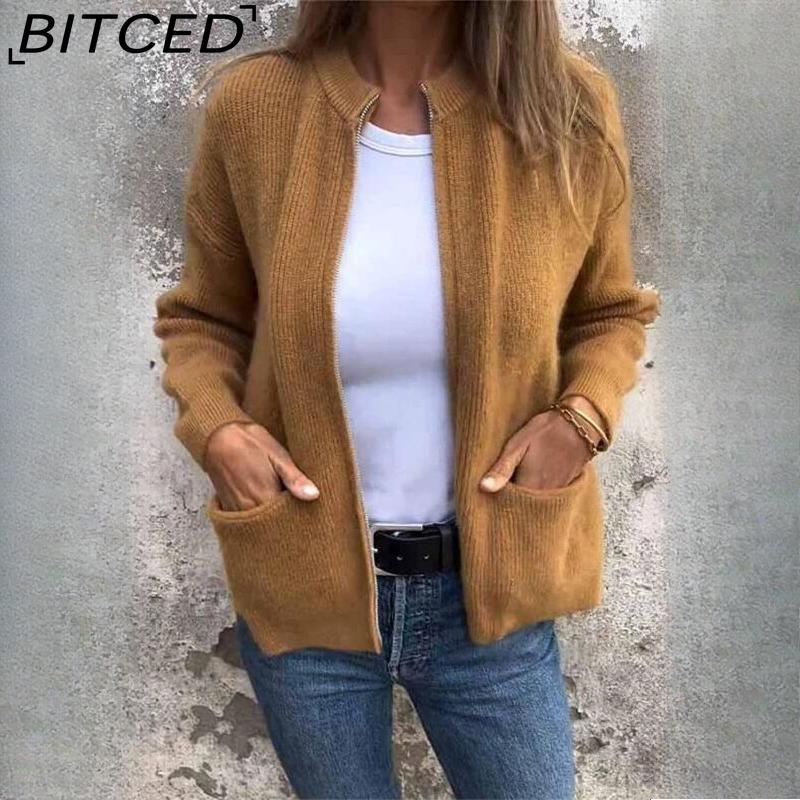 BITCED Autumn/Winter Women's Casual Fashion Solid-Colour Pocket Cardigan Jacket