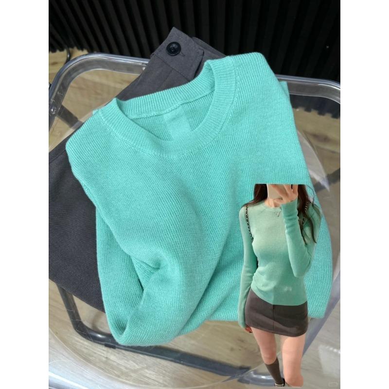 Grey soft waxy round neck pullover bottoming sweater knitted sweater women's spring slim and thin inner shoulder top