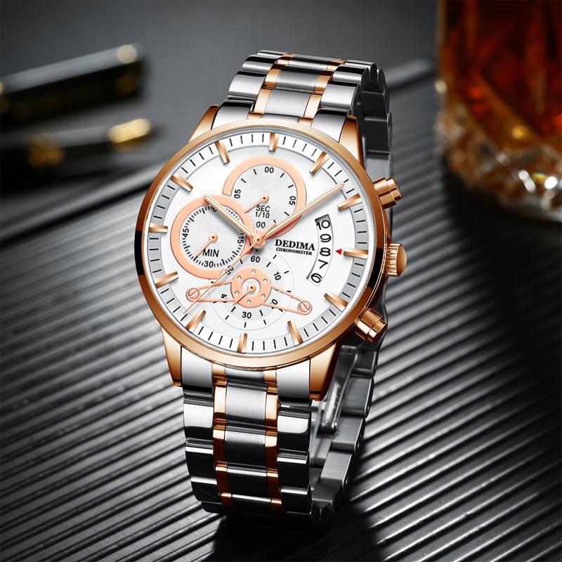 KINGNUOS Herrenuhr mit massivem Stahlarmband, wasserdicht, beschichtetes Glas, leuchtend, drei Augen, 6 Zeiger, Quarzuhr