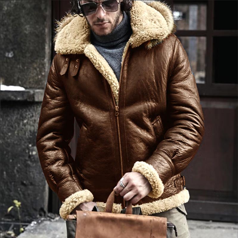 Men's European Style Shearling & Faux Leather Coat with Lambswool, Best Seller