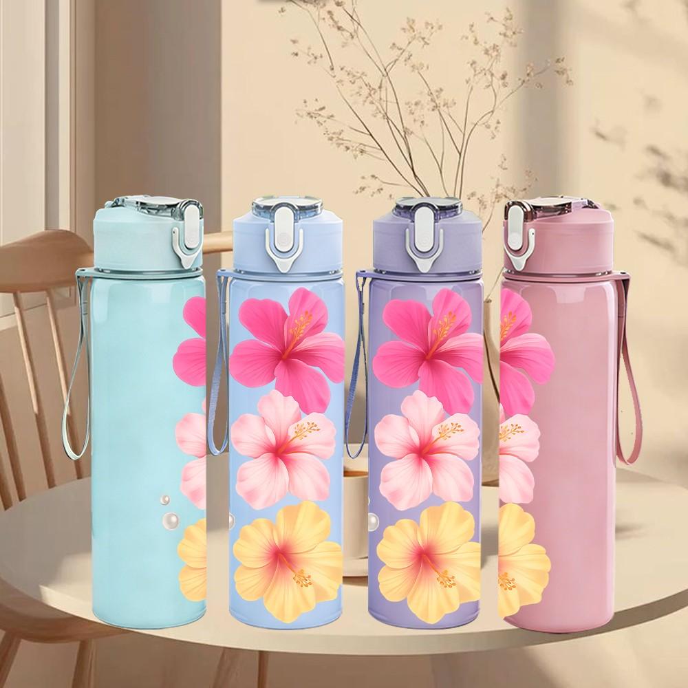 1PC Plumeria Flower Illustration 750ml Color Plastic Sports Water Bottle Leakproof Flip Straw Lid Suitable for Sports Office Home Use