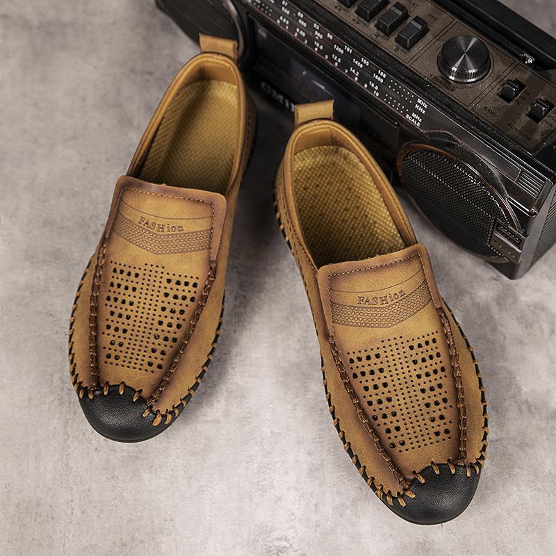 Herren Loafer aus Leder, zum Hineinschlüpfen, Größe L: Sommer atmungsaktive Hohl Design Fahrerschuhe