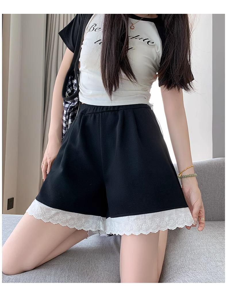 2025 Women's Gray Lace-Trim High Waist Wide-Leg Summer Shorts