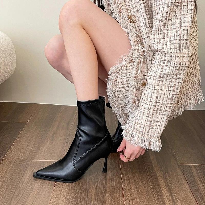 Jaro/podzim Tenké podpatky Moderní kozačky Vysoký podpatek Kotníkové Nazouvací 2024 Horký prodej Dámské boty Špičatá špička Šití Sexy Dámské kozačky