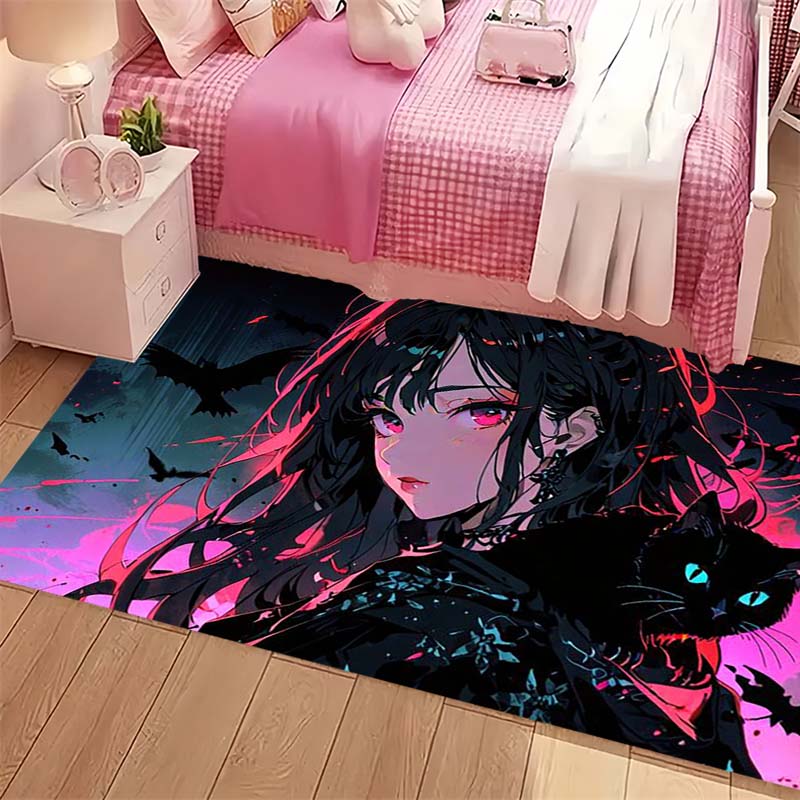 Anime Girl Black Cat Bat Neon Dark Art Print Area Rug Non‑Slip Floor Mat Gaming Room Home Bedroom Decor