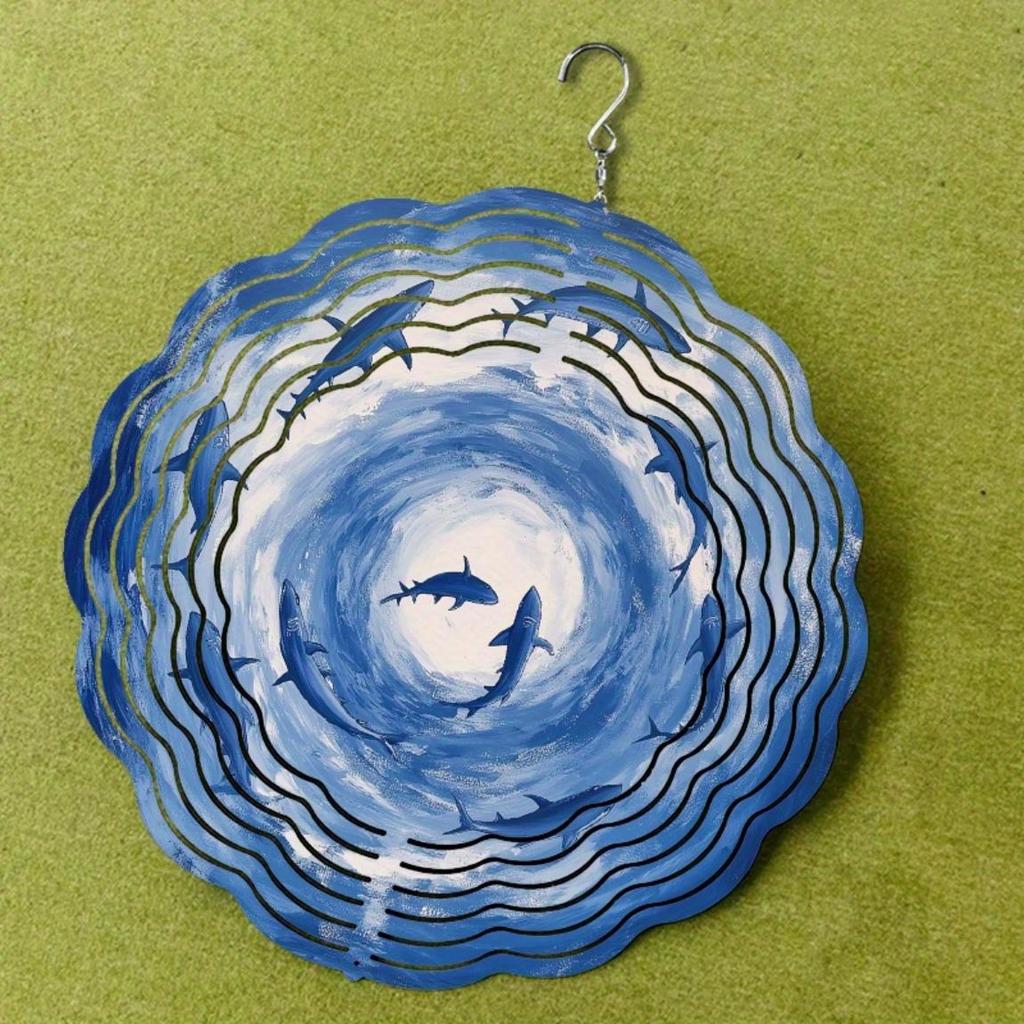 1pc Metal Ocean-Themed Wind Chime with 360° Rotating Shark & Wave Design, Artistic Garden Decor for Patio, Balcony