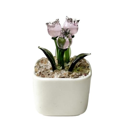 Mini Potted Glass Flower Decoration Miniature Tulip Flower Planter Pot Figurine Statue Home Office Bookshelf Desktop Ornament