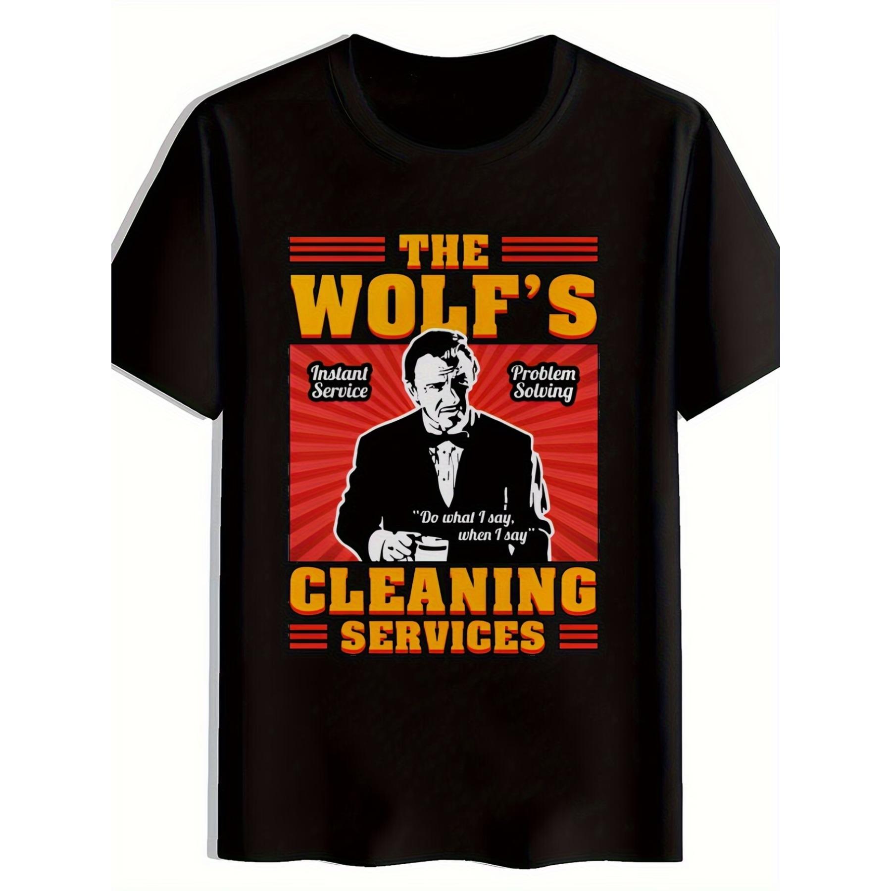 

Men s The Wolf s Cleaning Services Graphic T-Shirt - Black Casual Short Sleeve Tee with Bold Yellow-Red Print, Round Neck Summer Top XXL чорний