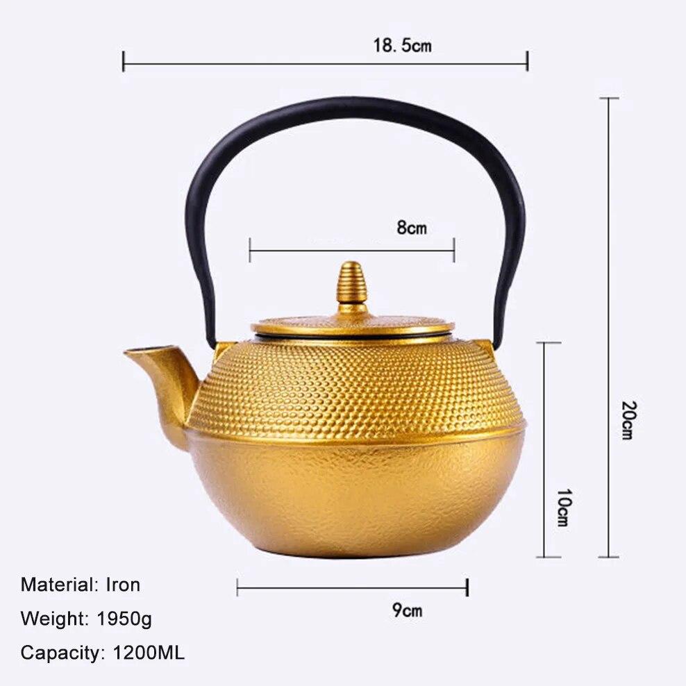 1.2L Cast Iron Kettle Golden Raindrop Iron Teapot Large Capacity Boiling Kettle Handle Pot Japanese-Style Health Teapot