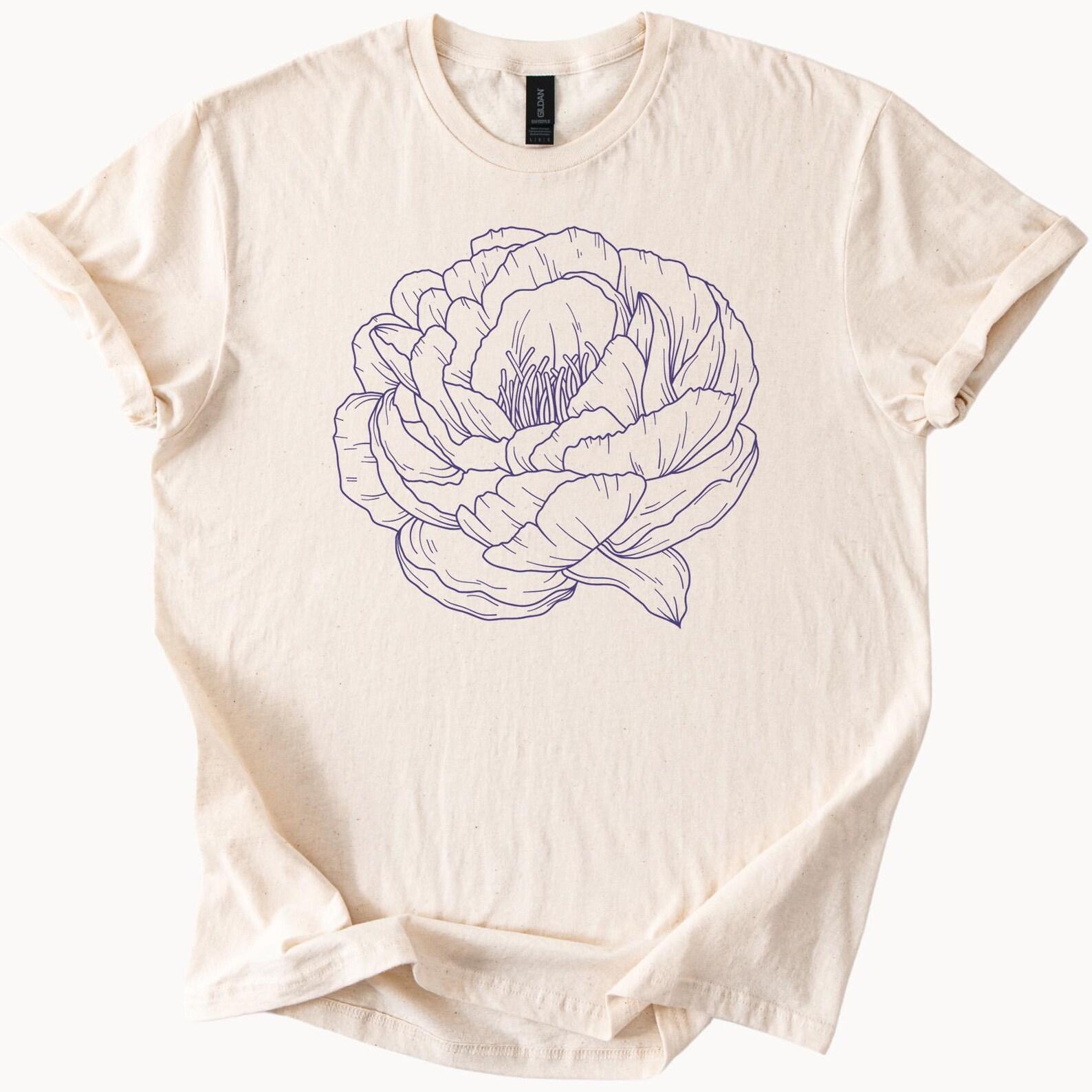 Hand Drawn Peony Flower Graphic T Shirt Minimalist Botanical Line Art Floral Tee Nature Lover Gift Soft Cream Shirt for  Men 120