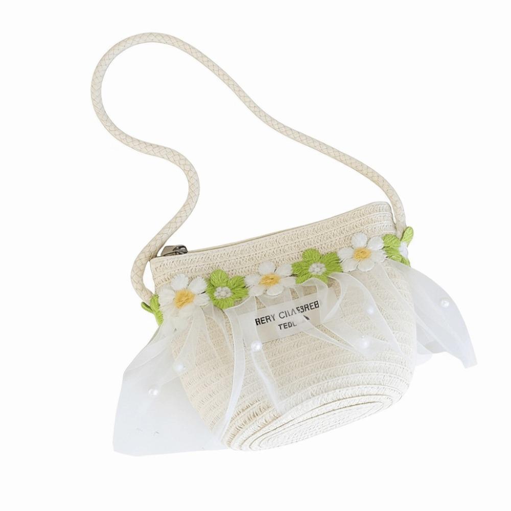 Wide Brim Children Sun Hat Pearl Decoration Breathable Material Sun Hat Straw Material Lace Trim Shoulder Bag Girls Accessories