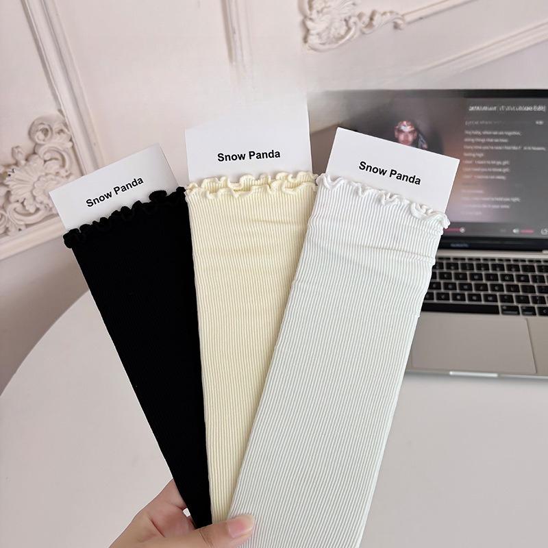 Black Ear-trimmed Socks for Women, Summer Mid-calf Socks with Lace, Boneless, Loose, Pile Socks, Versatile Cotton Socks for Students