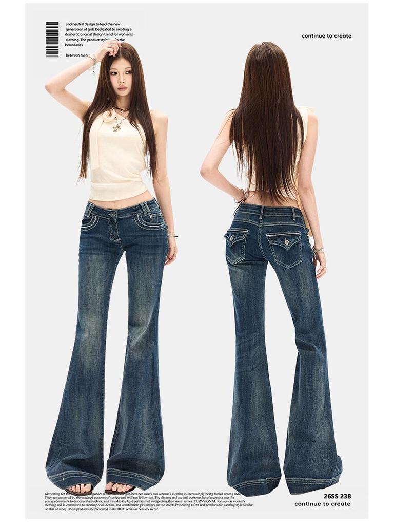 Yi Mengling Retro Washed Women's Micro-Flare Jeans - 2026 Spring Collection, High Elasticity Slim Fit.