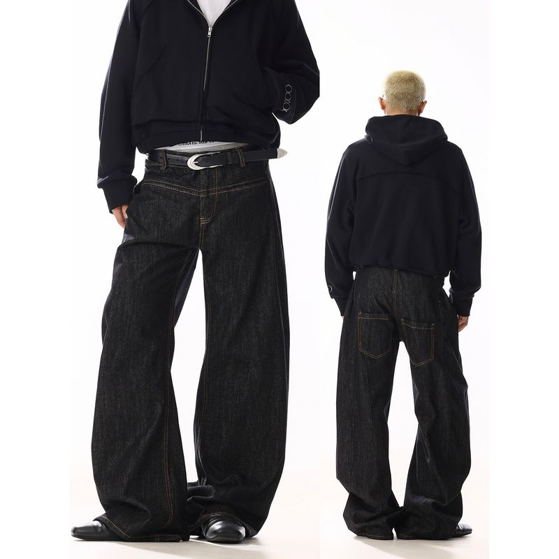 American vintage Primary Color Curved Knife Jeans Men and Women Design Sense Niche Pu Shuai Drape Loose Casual Wide-Leg Pants