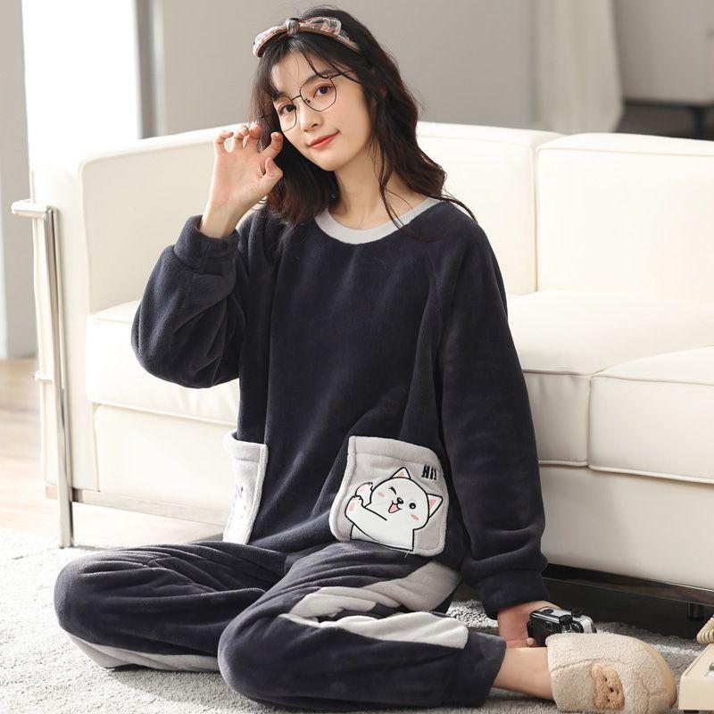 

Новая пижама из кораллового бархата для женщин, осенне-зимняя утолщенная плюшевая пижама для студентов, зимний фланелевый теплый комплект домашней одежды с круглым воротником 2XL