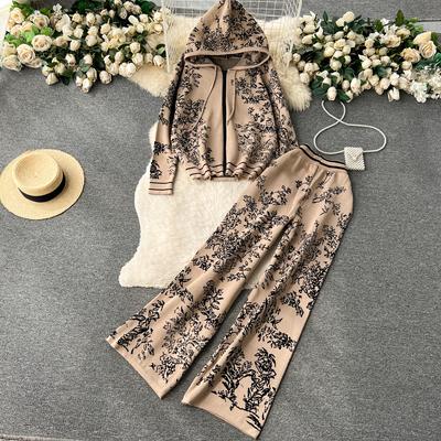 Winter Herbst Marke Designer Strick Druck Sets Frauen Mit Kapuze Mantel Jacke Strickwaren + Breite Bein Lange Hosen Mode Retro Pullover zwei Stück Trainingsanzug