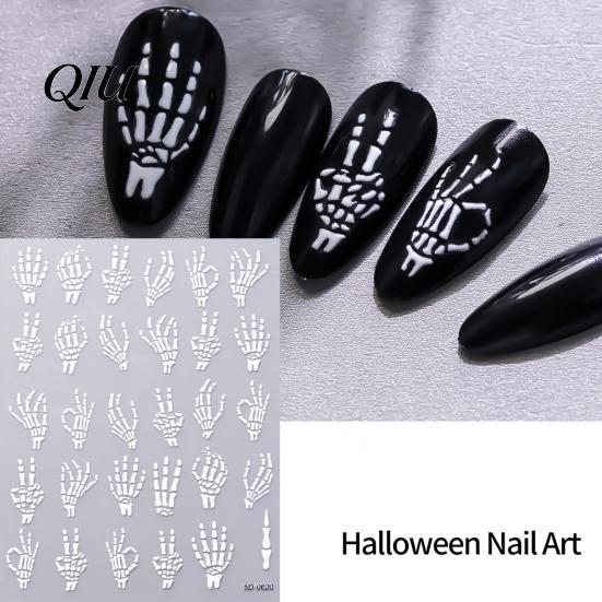 Self Adhesive Nail Decorations Halloween Art Stickers, 3D Embossed Skeleton Hand Pumpkin Bat DIY Home Manicure Tools Black Decals,