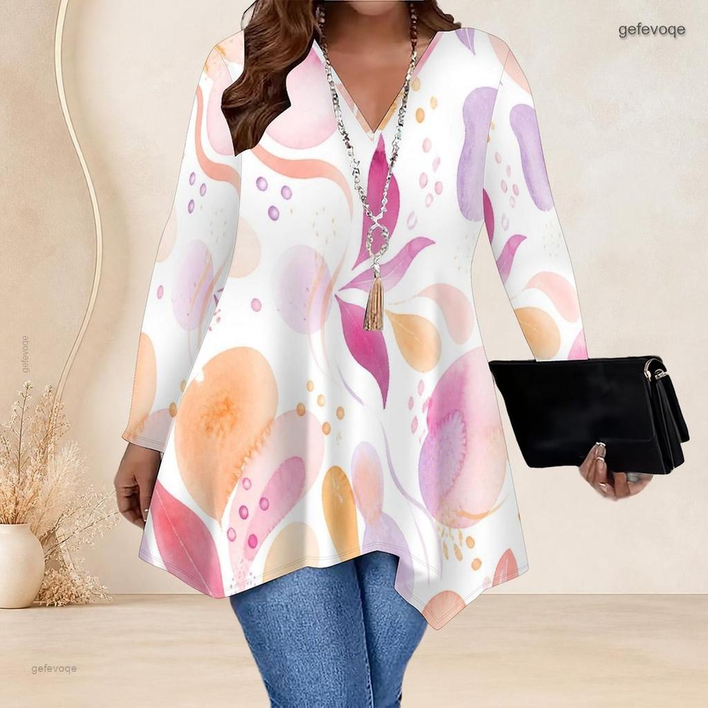 Women Plus Size V Neck Long Sleeve Printed Asymmetric Hem Flared Top