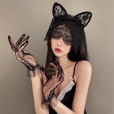 Black Sexy Cat Ears Headband Female Lace Mask Eye Mask Face Mask Mesh Veil Hair Accessories Halloween Headgear