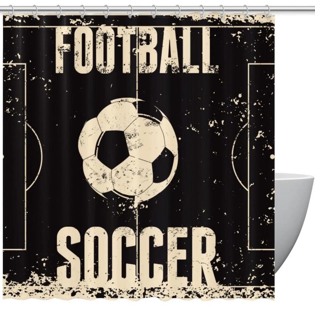 Abstract Football Pattern Shower Curtain Sport Theme Soccer Black and White Colors Waterproof Polyester Bath Curtain with Hooks
