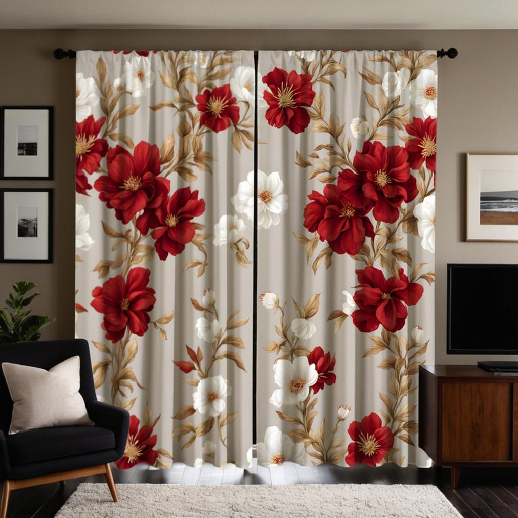 2-piece HD Digital Red Tie Bright Flower Curtain Home Decoration Style Decorate Living Room Bedroom Wear Rod Curtain Effect Styl
