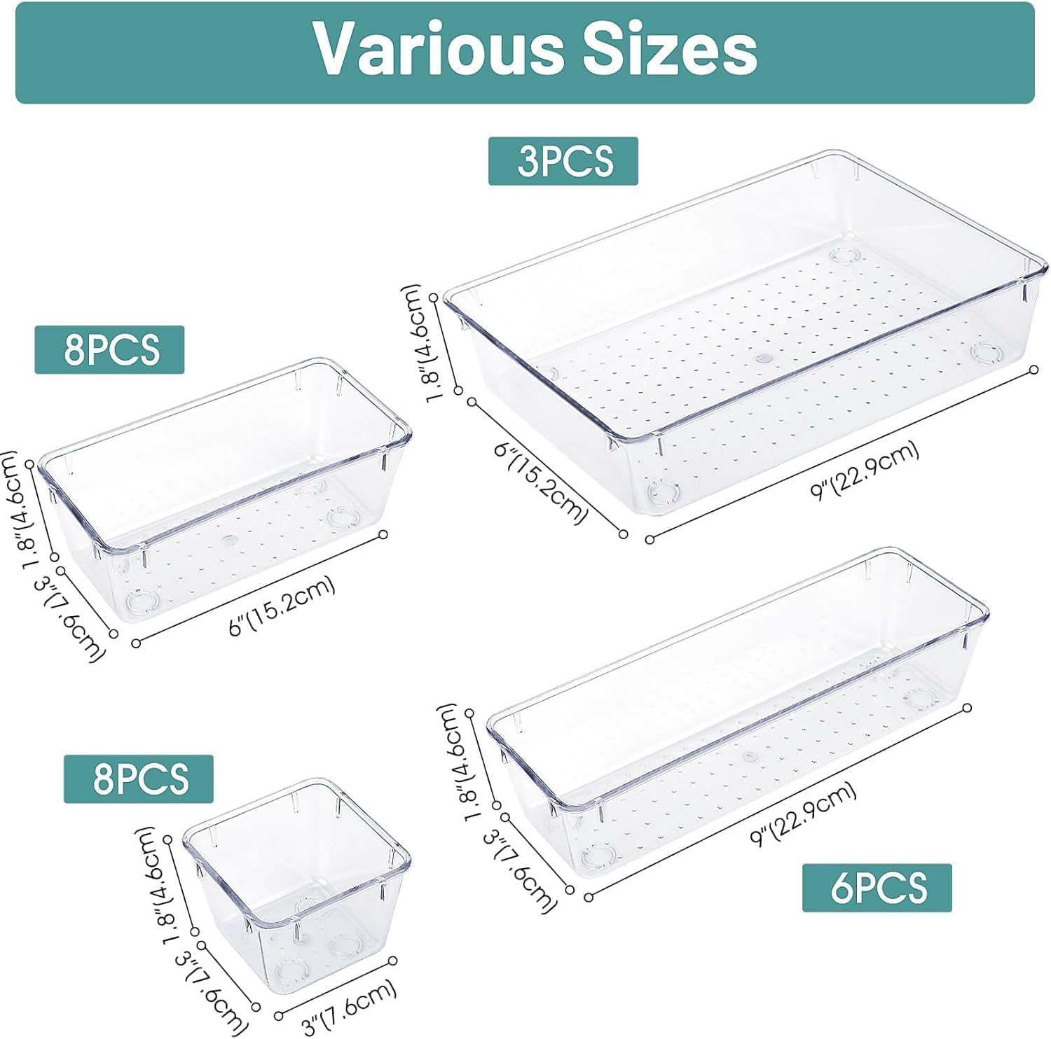 

Drawer Organizers Set Clear Plastic Desk Dividers Bins Bedroom Dresser Office Storage Box for Makeup Jewelries Gadgets