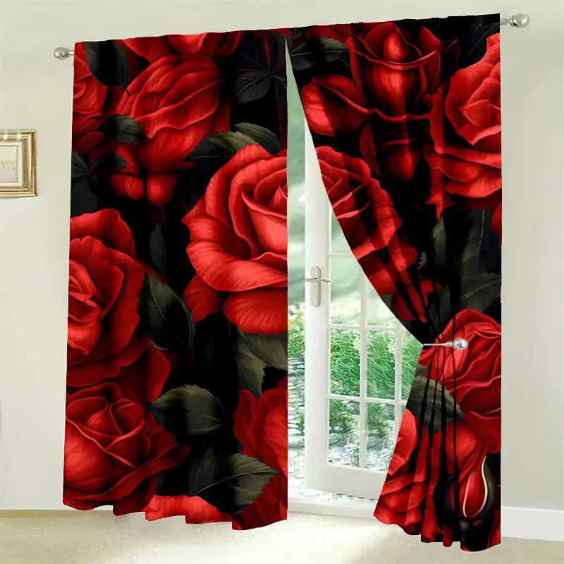 2 Stück - Elegante rot-rosenfarbene Vorhänge mit Blumendruck, Stangenschlaufen-Vorhänge, Schlafzimmer und Wohnzimmer, Heimdekoration, Raumdekoration