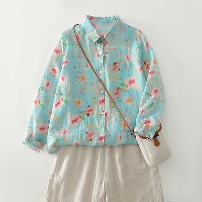 DIMANAF New Plus Size Women Floral Tops Shirts Tees Casual Loose Blouse Autumn Print Cotton Long Sleeve Button