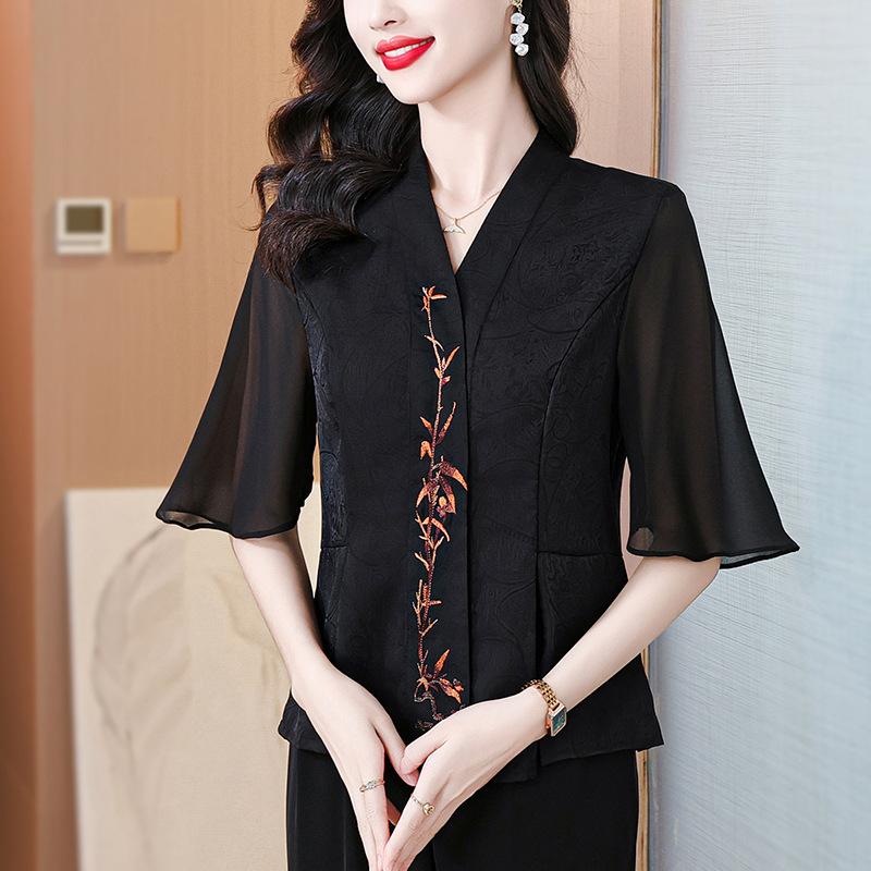 Retro Tričko s krátkým rukávem pro matku v novém čínském stylu Dámská halenka Středního věku a starší lidé Národní styl Top