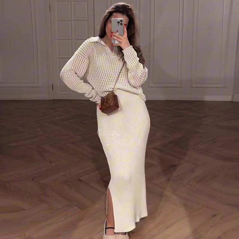 2024 Autumn Women's Solid Color Polo Collar Top & Slim Fit Hip Wrap Skirt Set