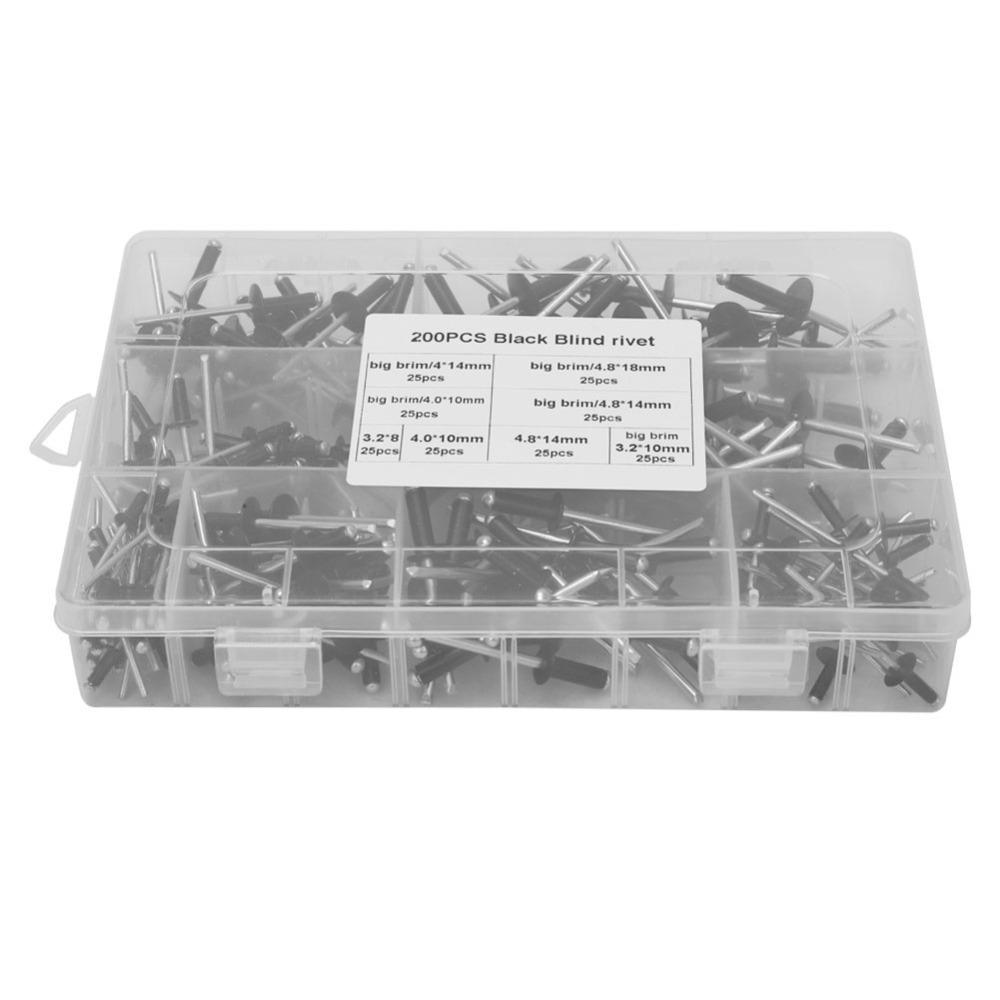 200pcs Black Finish Blind Rivet Assortment Kit Large Flange Blind River Kit  DIY Use