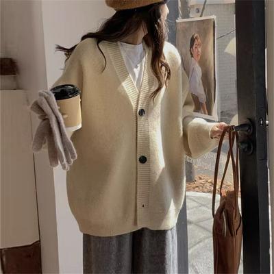 Autumn and Winter Women's Sweater Cardigan Jacket Loose Lazy Wind Solid Color Simple Knitted Cardigan