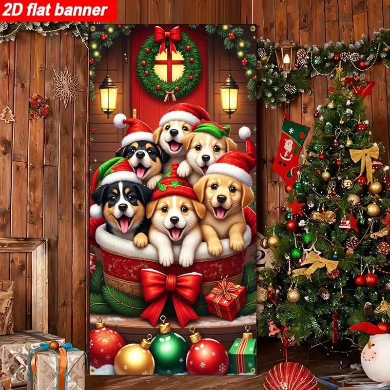 2D Christmas Puppy Door Cover, Cute Dogs with Santa Hats Party Background
