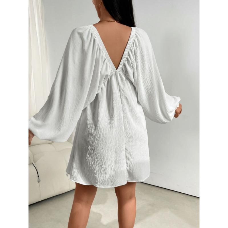 Elegant Fashion Deep V-neck Long Sleeved Women Dress Spring Summer Simple Casual Loose Sexy Solid Color A-line Party Dress Female Office Ladies