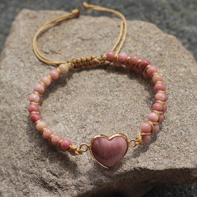 Bohemian Red Heart-Shaped Redwood Stone Double-Layer Woven Women's Bracelet